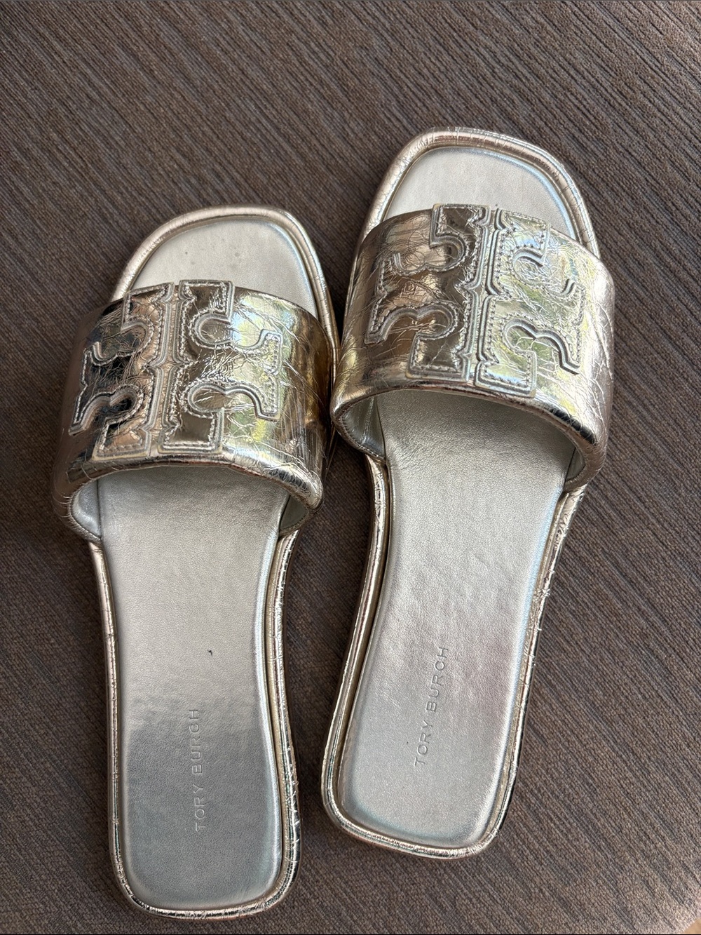 Tory Burch Iridescent Metallic Gold Logo Slide Sandals